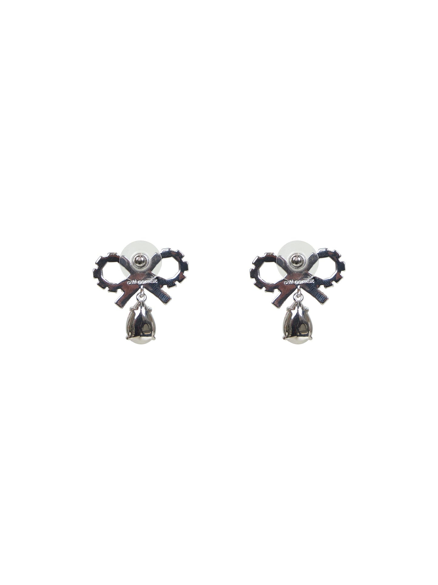 Silver micro bow pink droplet earrings
