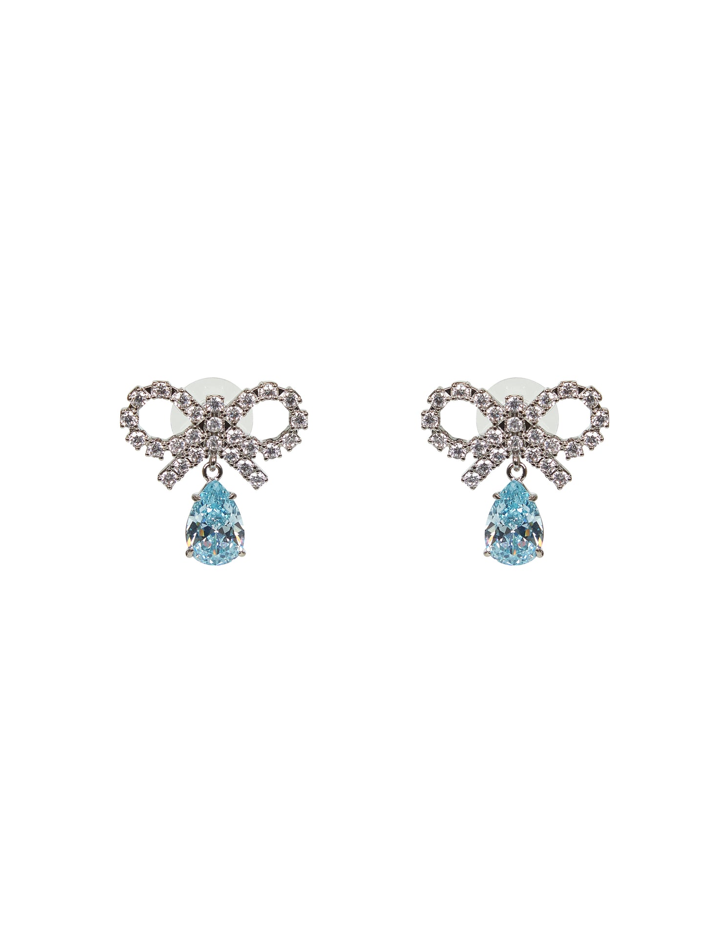 Silver micro bow blue droplet earrings