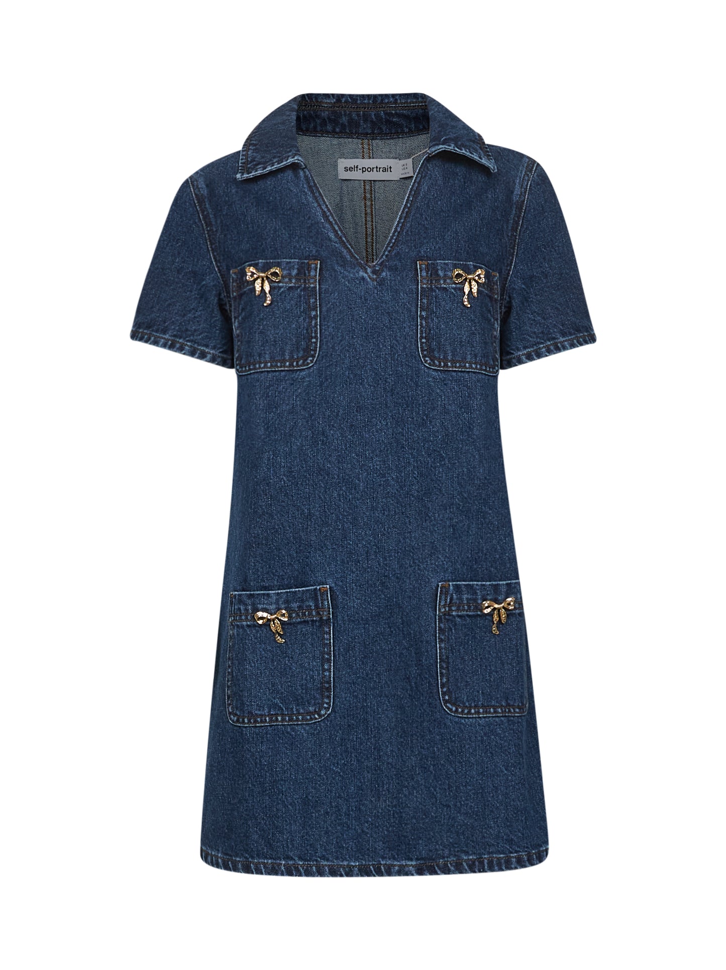 Miniabito in denim blu con fiocchi dorati