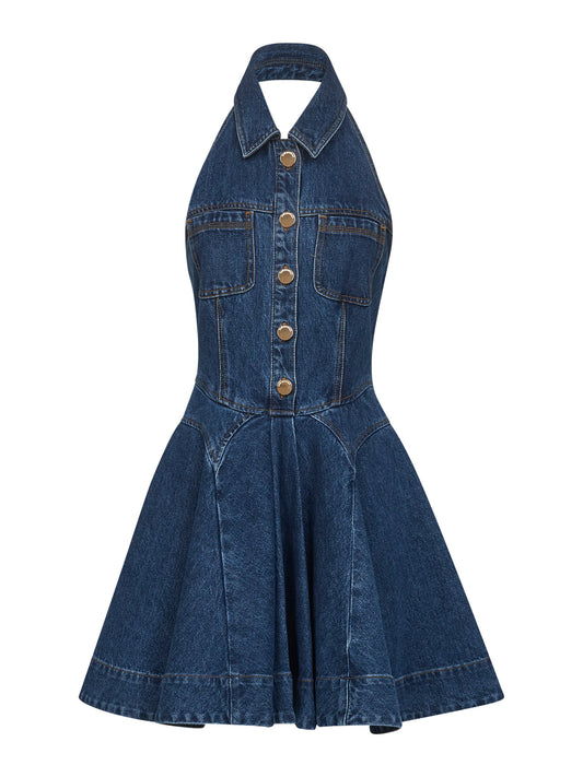 Miniabito svasato in denim di cotone blu<BR/>