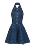 Miniabito svasato in denim di cotone blu<BR/>