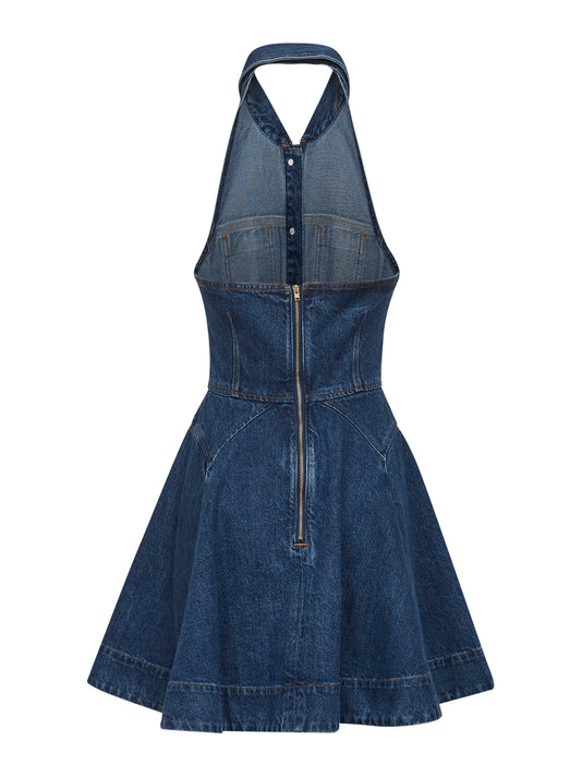 Miniabito svasato in denim di cotone blu<BR/>