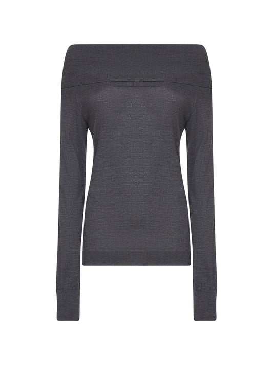 Grey wool off-the-shoulder sweater