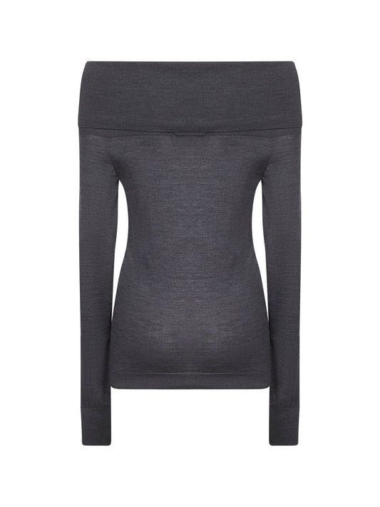 Grey wool off-the-shoulder sweater