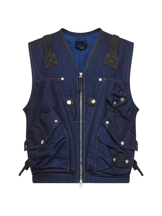 Gilet utility in denim di misto cotone blu