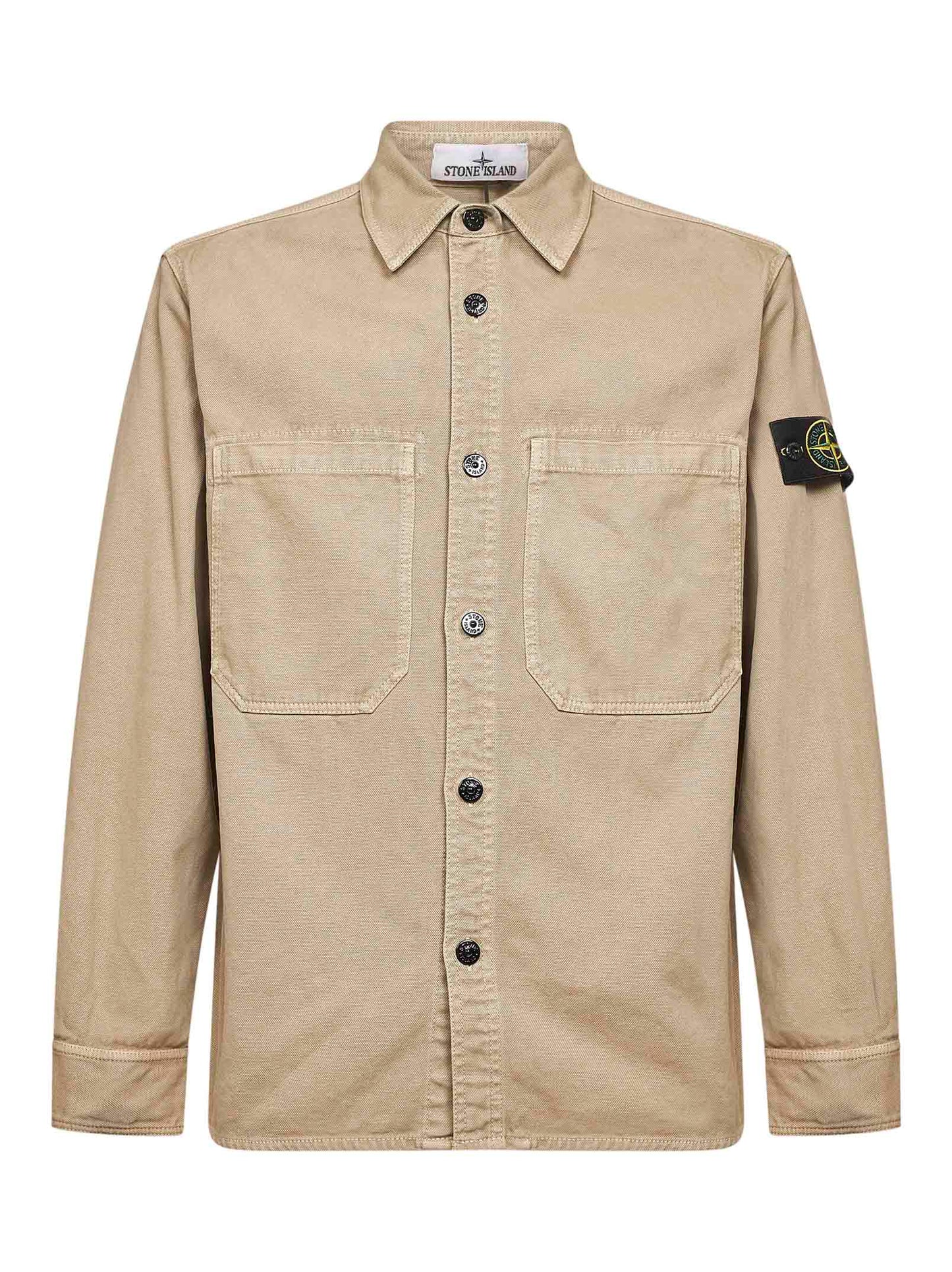 Camicia in twill di cotone beige con badge logo<BR/>