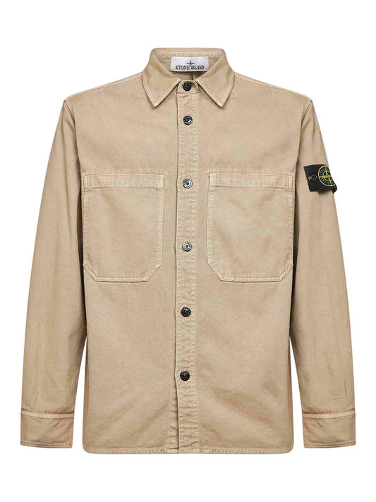 Beige cotton twill logo badge shirt