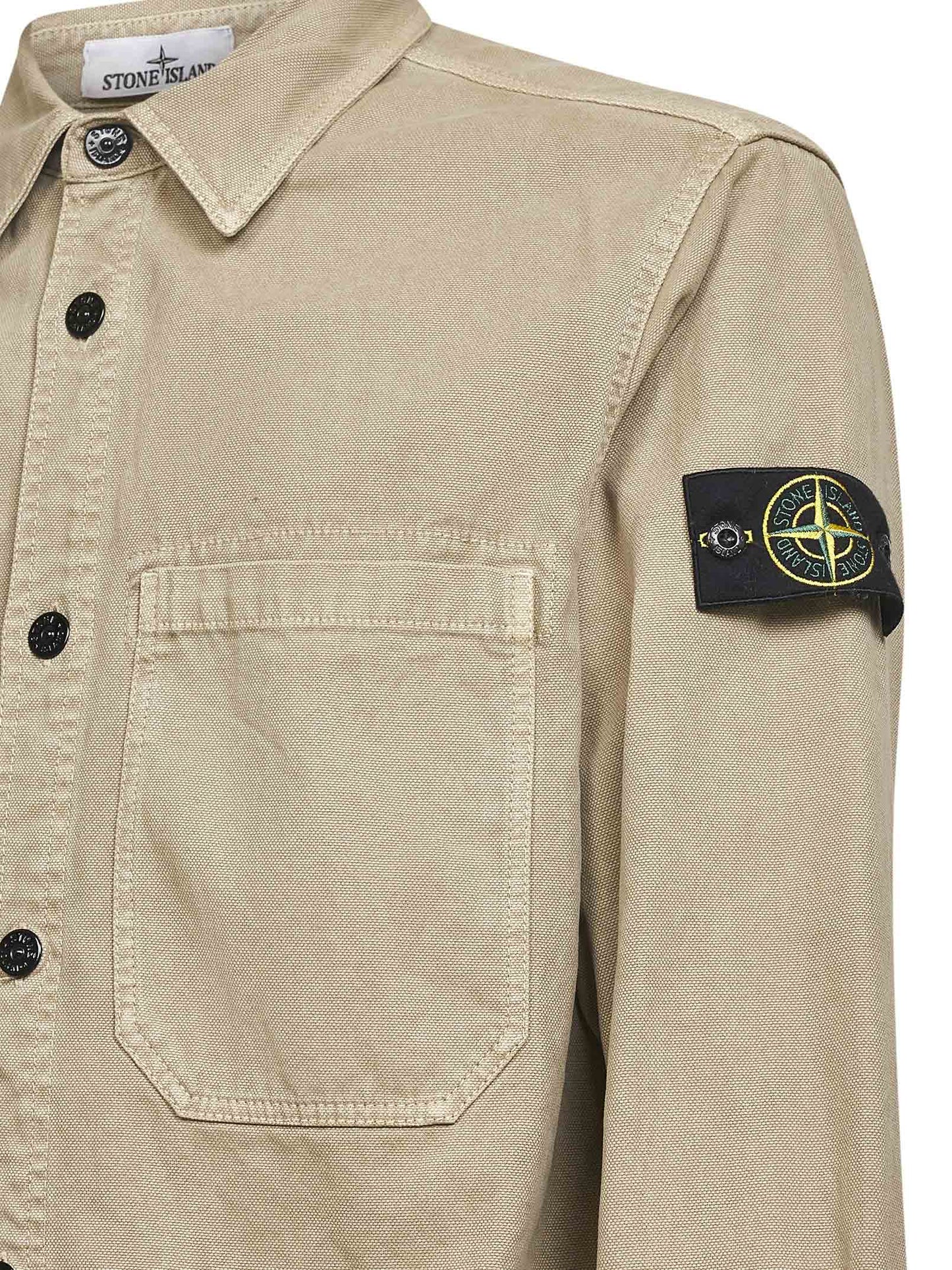 Camicia in twill di cotone beige con badge logo<BR/>