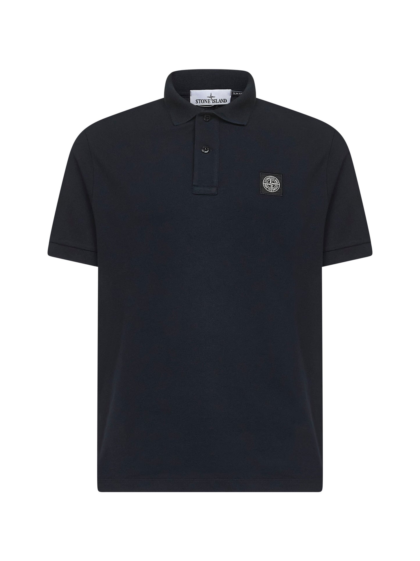 Blue stretch pique Compass patch polo shirt<BR/>