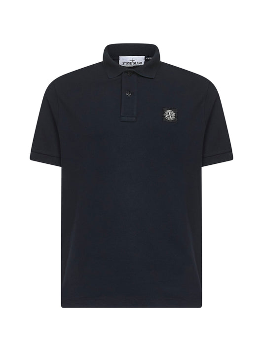Blue stretch pique Compass patch polo shirt<BR/>