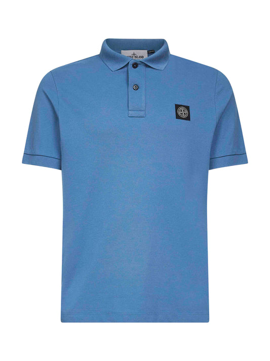 Steel blue stretch pique Compass patch polo shirt<BR/>