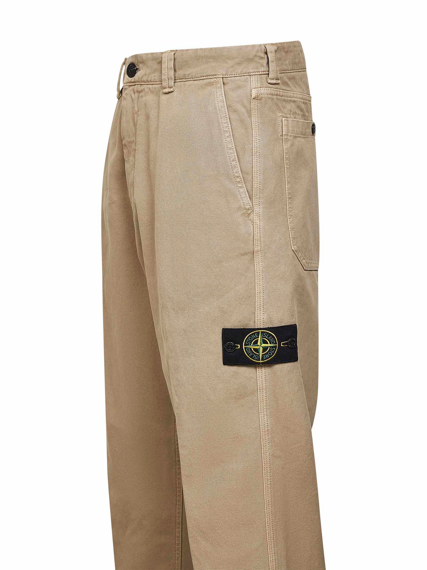 Beige cotton twill cargo trousers<BR/>
