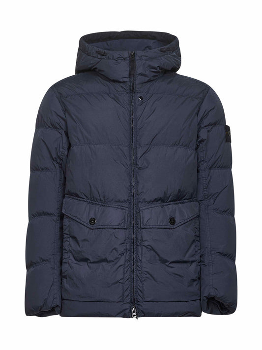 Blue recycled nylon reps hooded down jacket