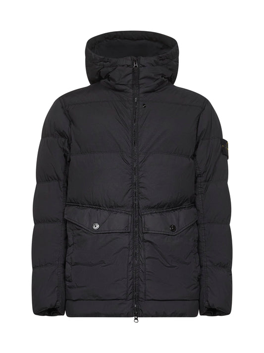 Black recycled nylon reps hooded down jacket