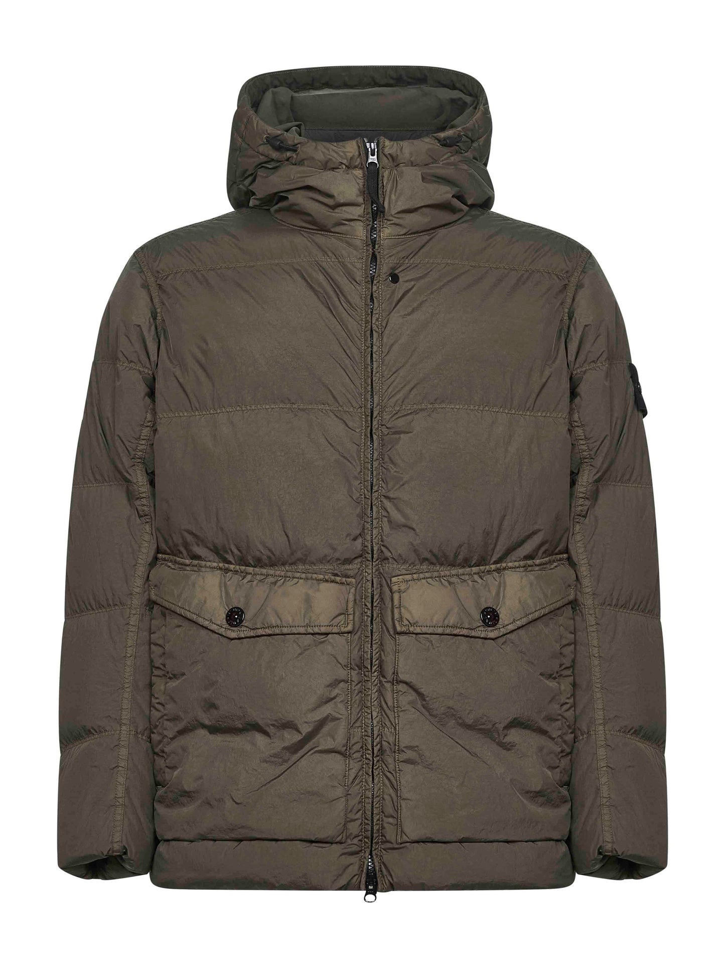 Green recycled nylon reps hooded down jacket