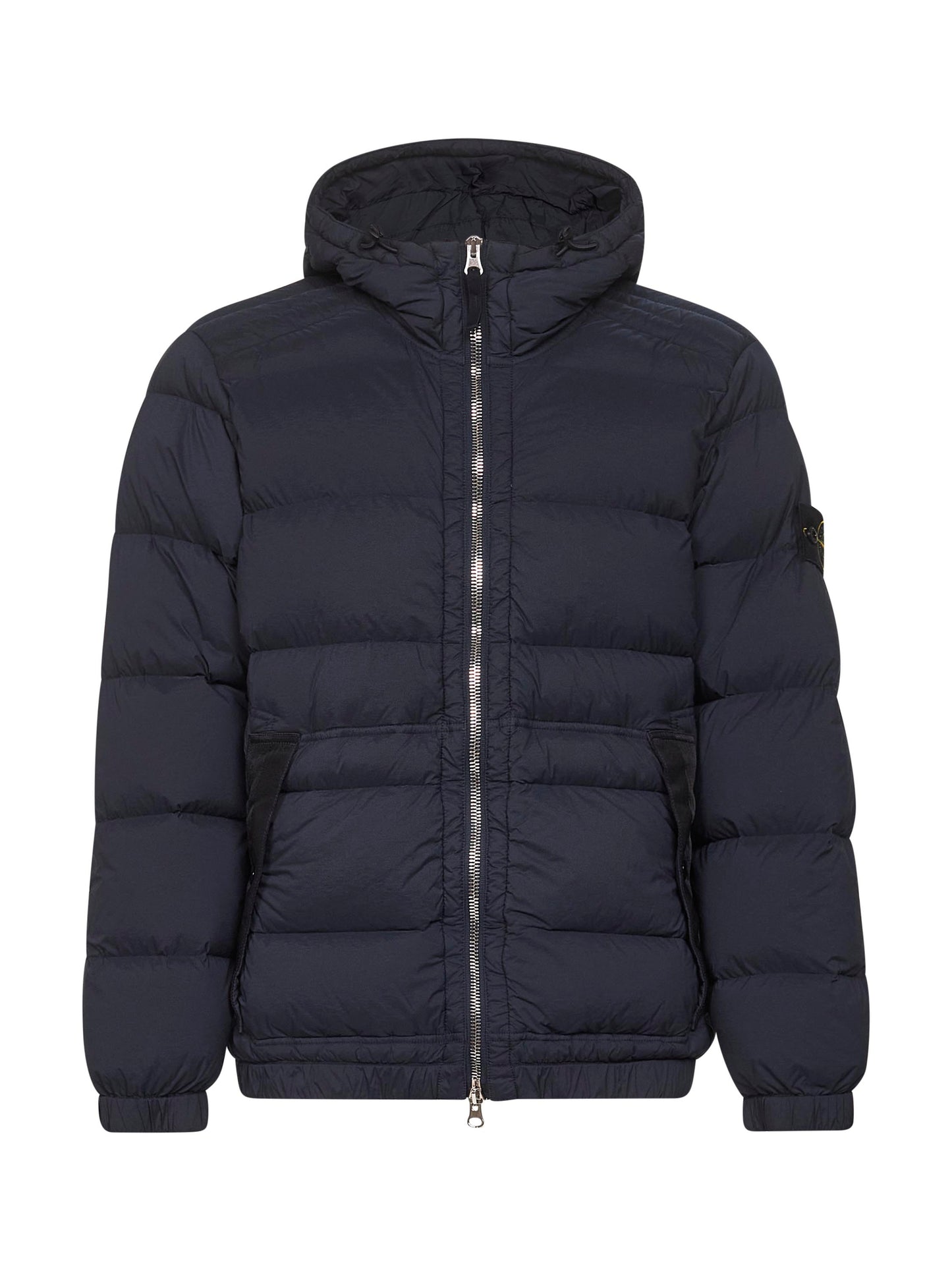 Blue stretch nylon hooded down jacket