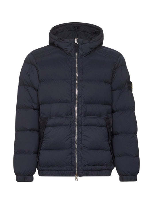 Blue stretch nylon hooded down jacket