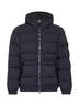 Blue stretch nylon hooded down jacket