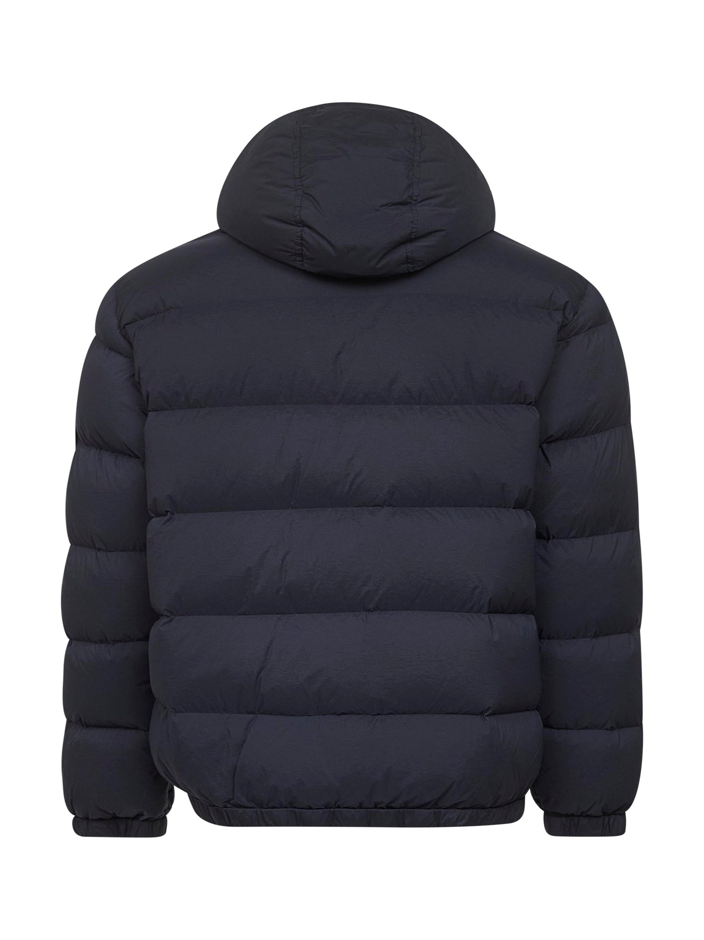 Blue stretch nylon hooded down jacket