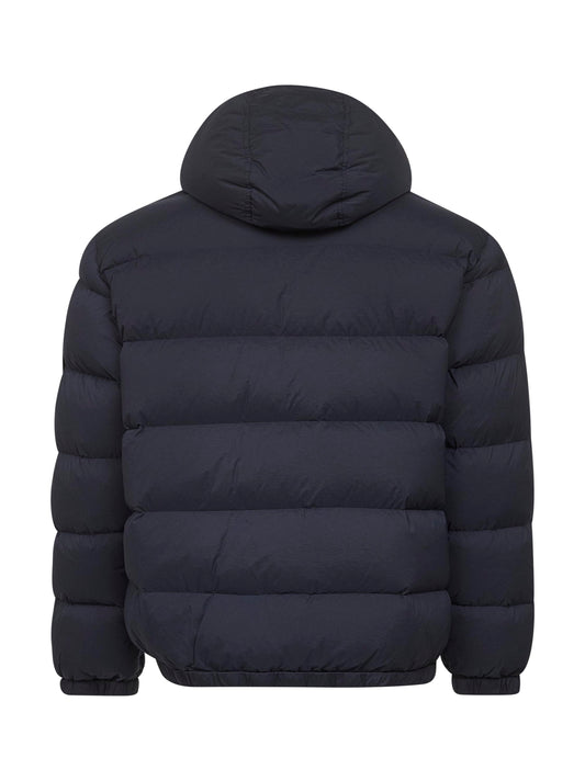 Blue stretch nylon hooded down jacket