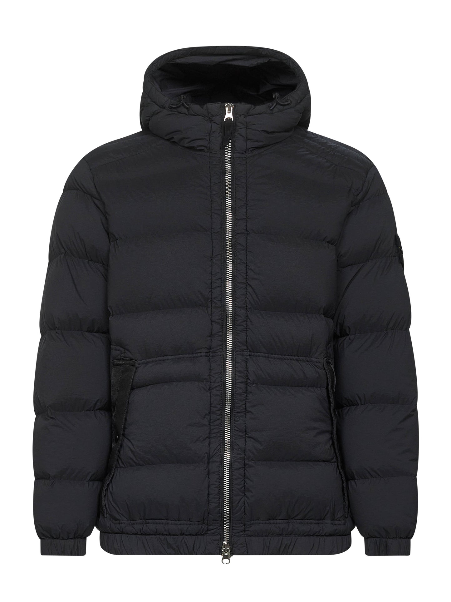 Black stretch nylon hooded down jacket