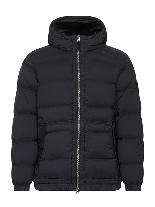 Black stretch nylon hooded down jacket