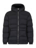 Black stretch nylon hooded down jacket
