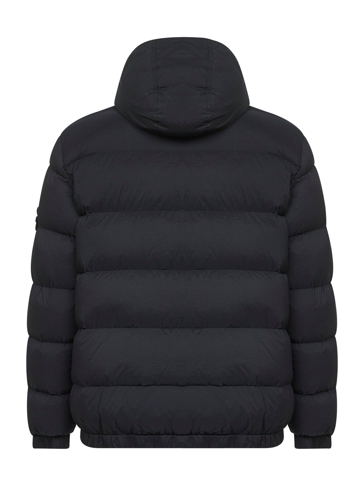 Black stretch nylon hooded down jacket