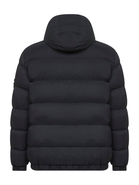 Black stretch nylon hooded down jacket
