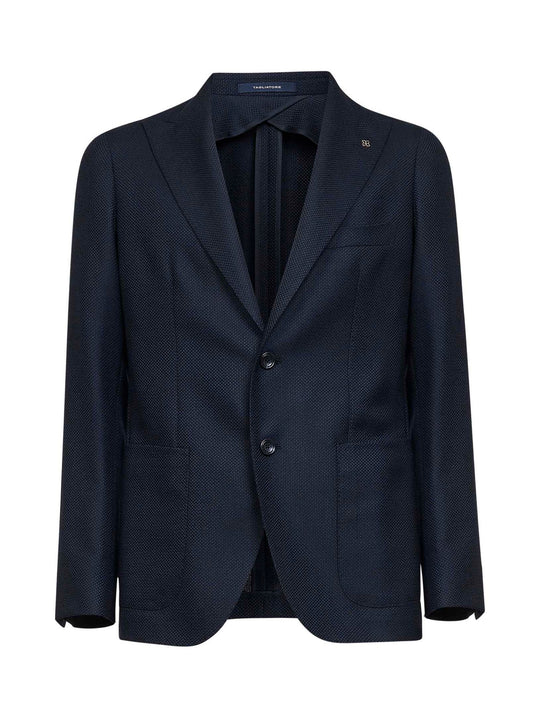 Blue jacquard virgin wool single-breasted blazer