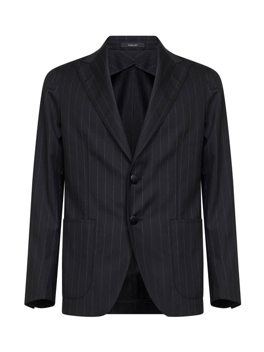 Black pinstriped wool and cashmere single-breasted blazer