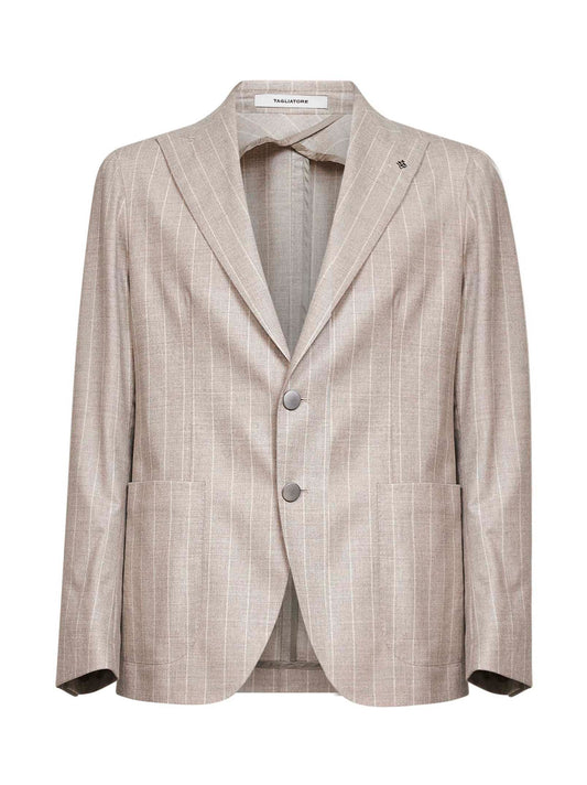 Dove grey pinstriped wool and cashmere blend single-breasted blazer