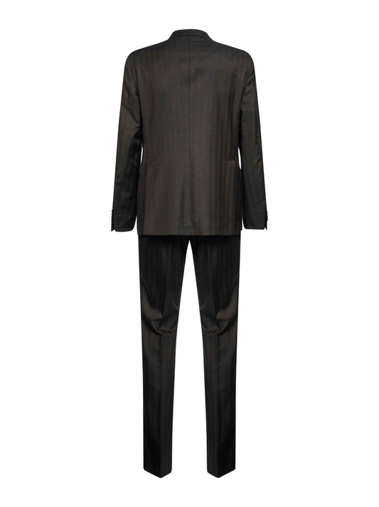 Dark brown striped jacquard virgin wool double-breasted suit