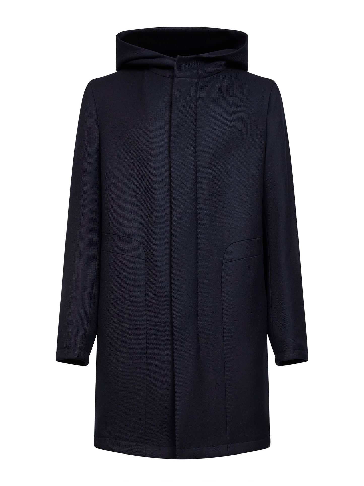 Blue virgin wool twill hooded coat