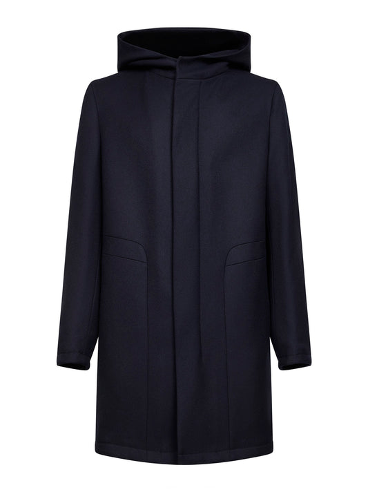 Blue virgin wool twill hooded coat