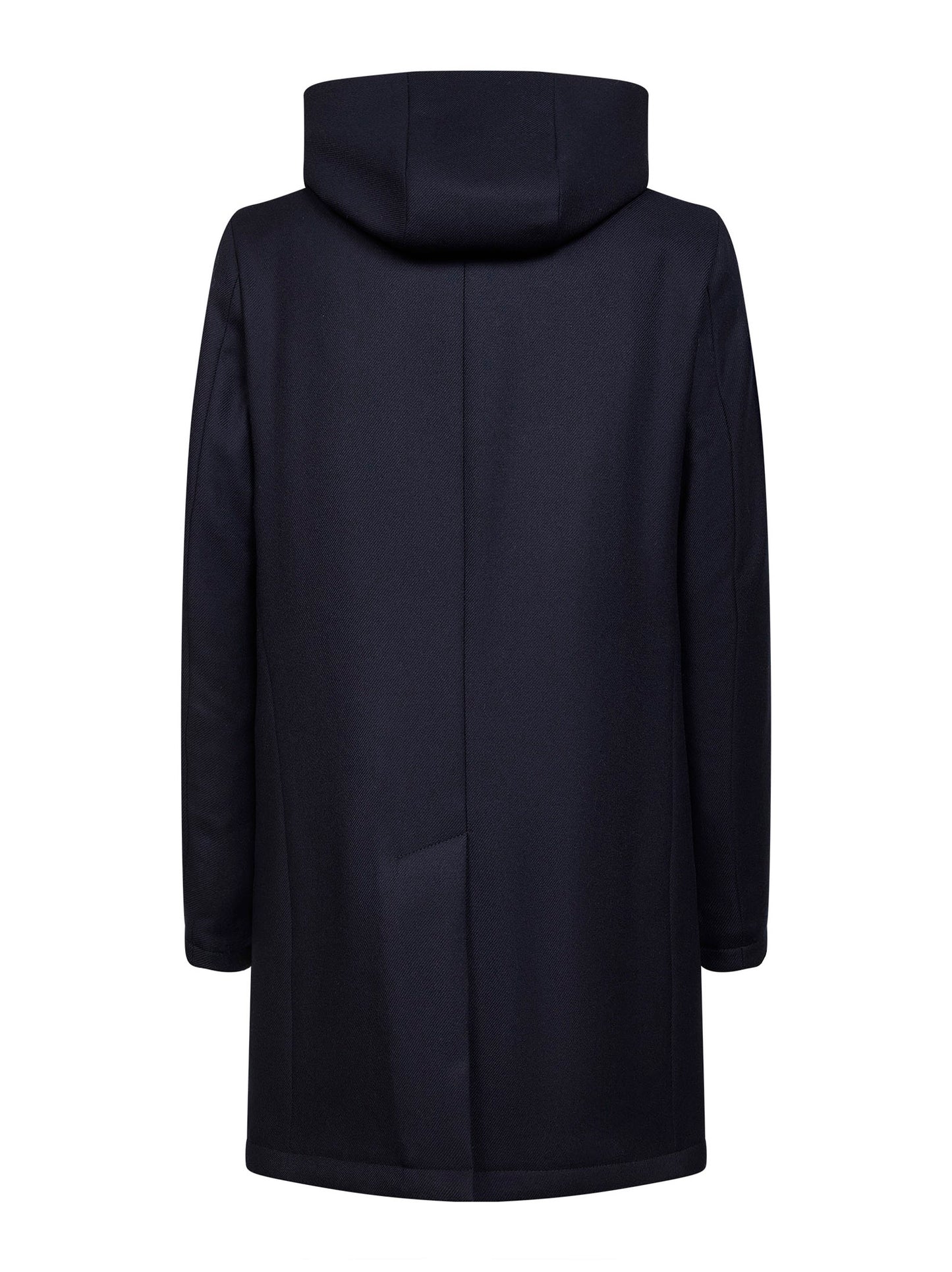 Blue virgin wool twill hooded coat