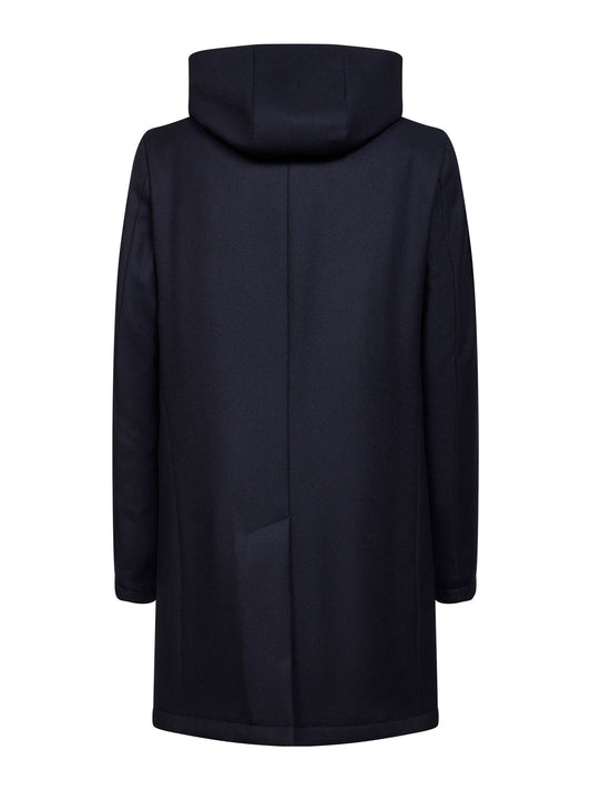Blue virgin wool twill hooded coat