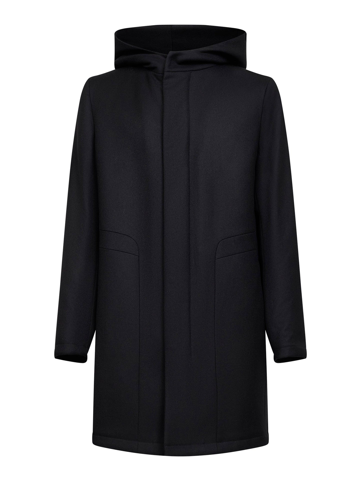 Black virgin wool twill hooded coat