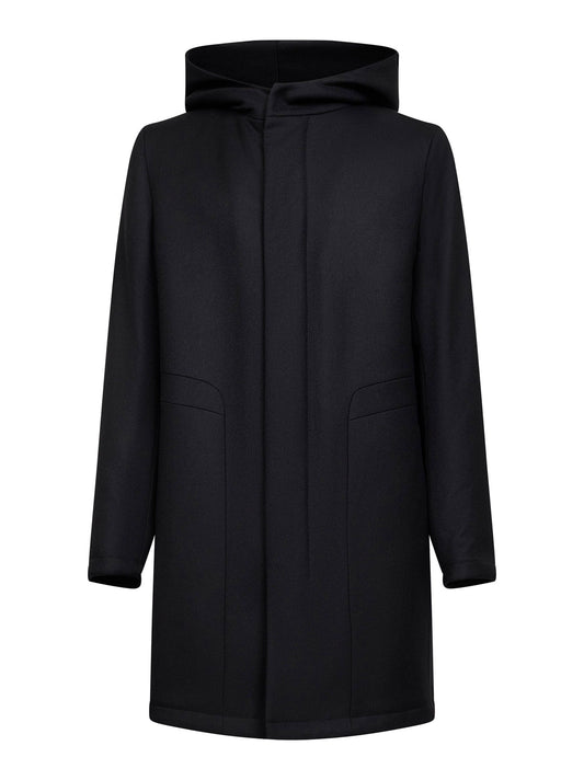 Black virgin wool twill hooded coat