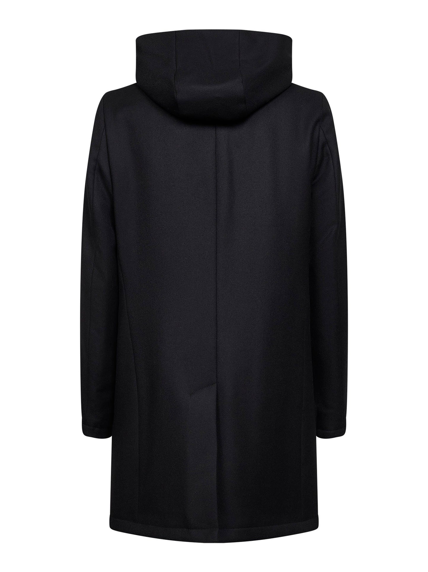 Black virgin wool twill hooded coat