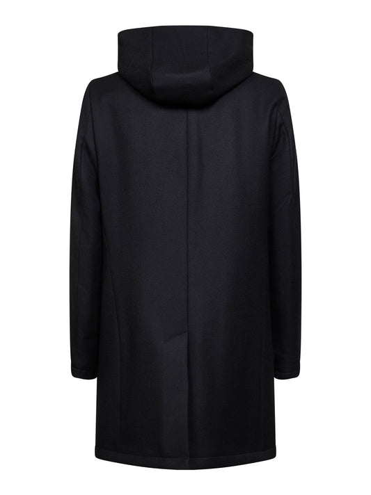 Black virgin wool twill hooded coat