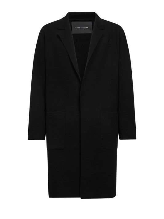 Black wool blend knit single-breasted coat