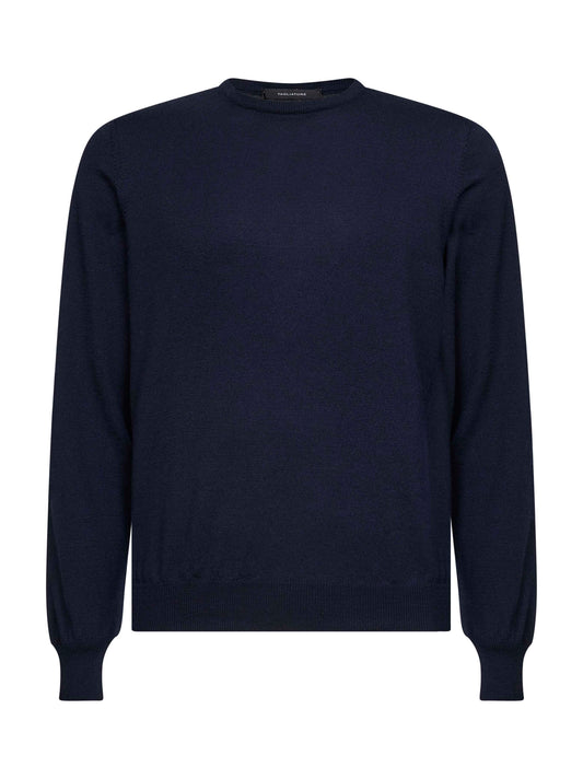 Blue virgin wool knit crewneck sweater<BR/>