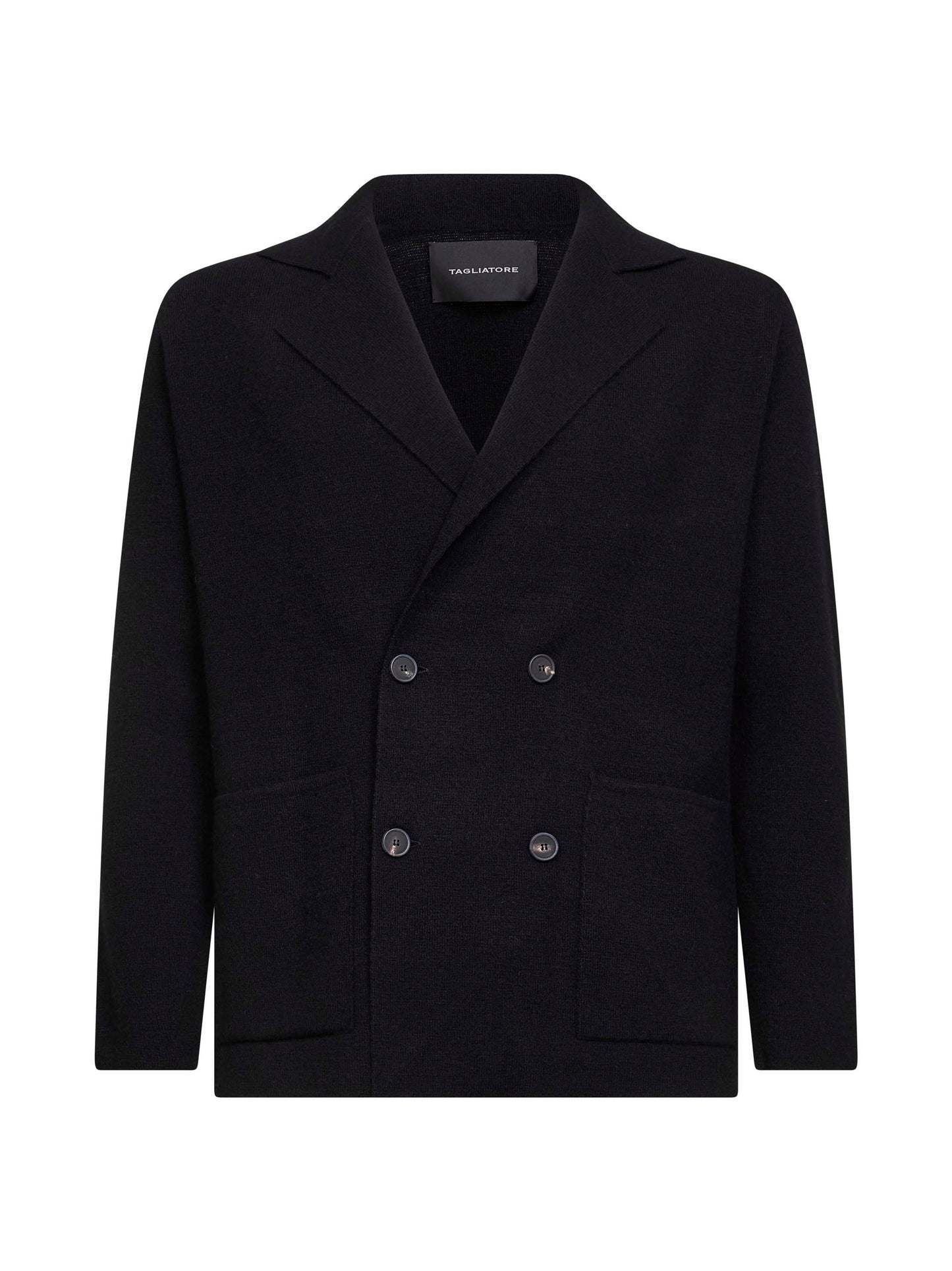 Black double-breasted wool blend knit blazer