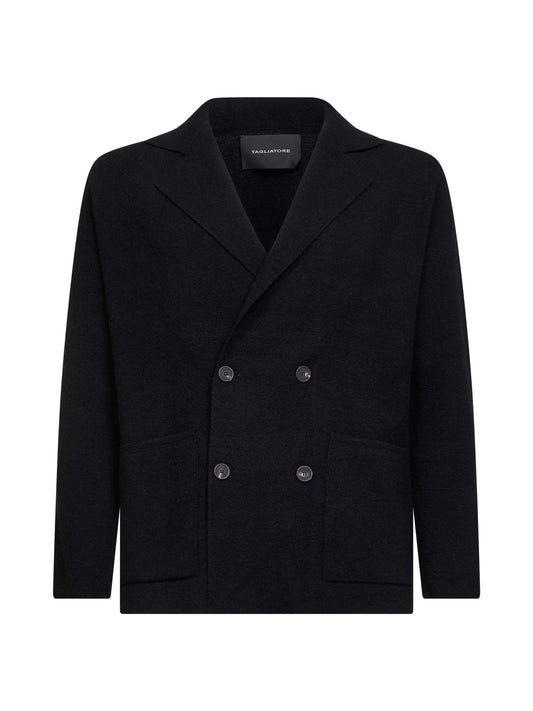 Black double-breasted wool blend knit blazer
