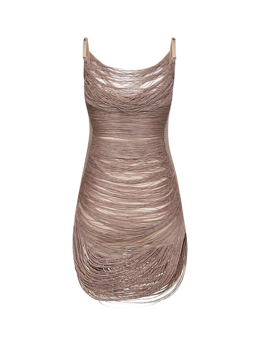 Silver knit fringed mini dress
