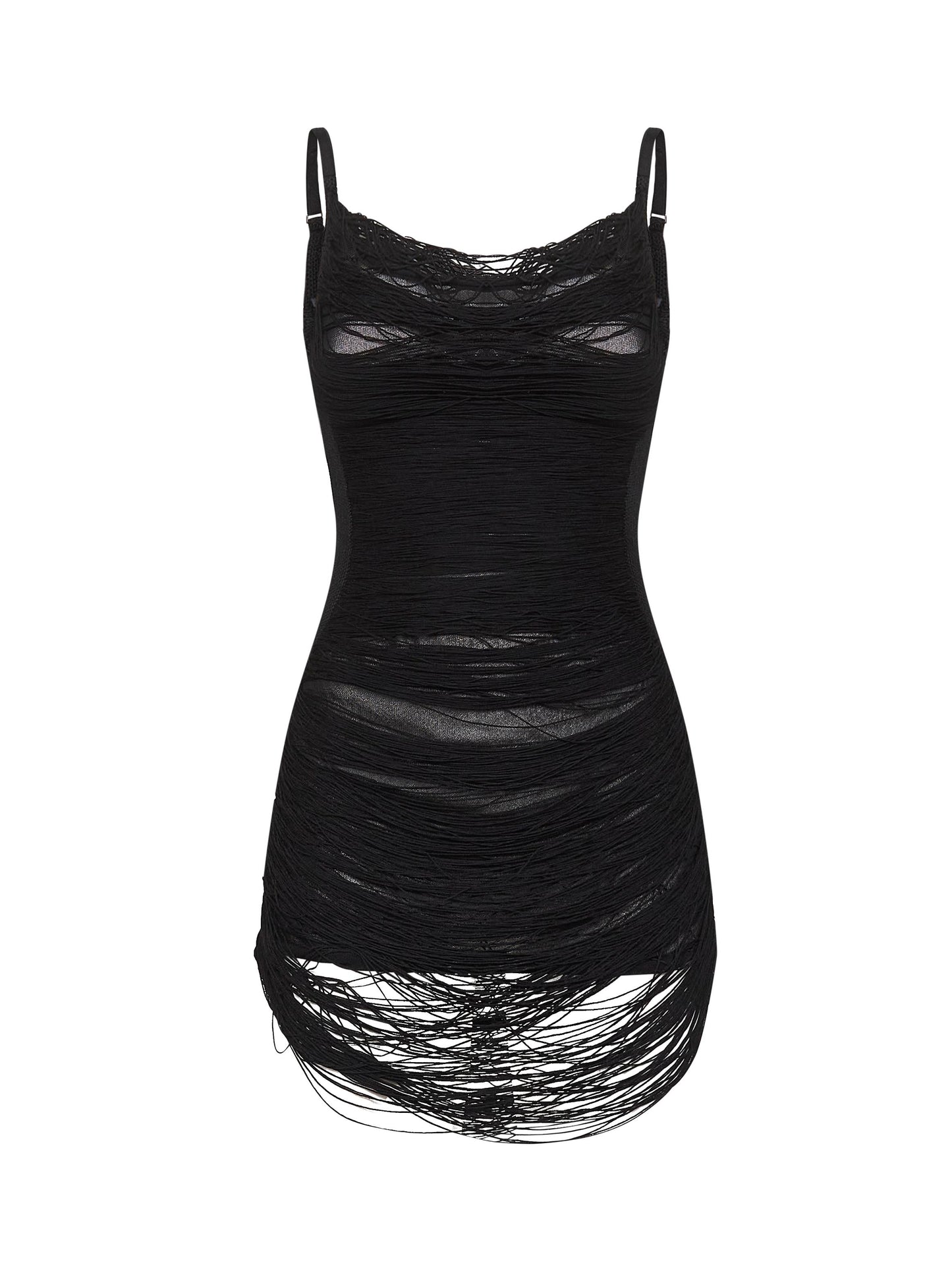 Black knit fringed mini dress