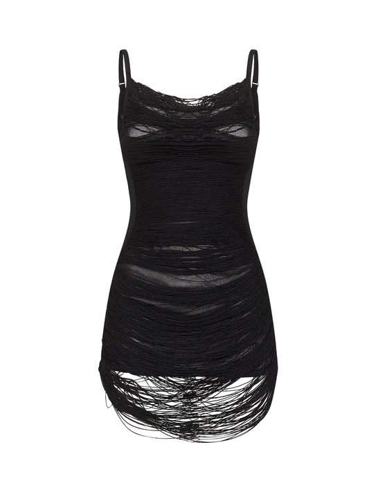 Black knit fringed mini dress