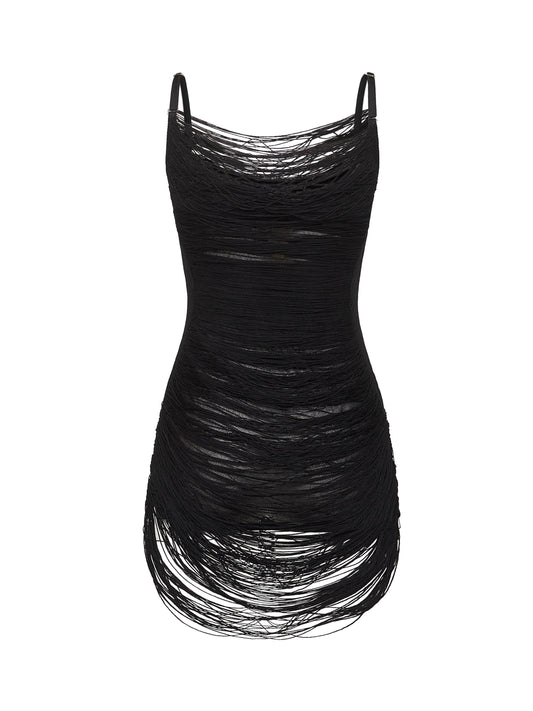 Black knit fringed mini dress