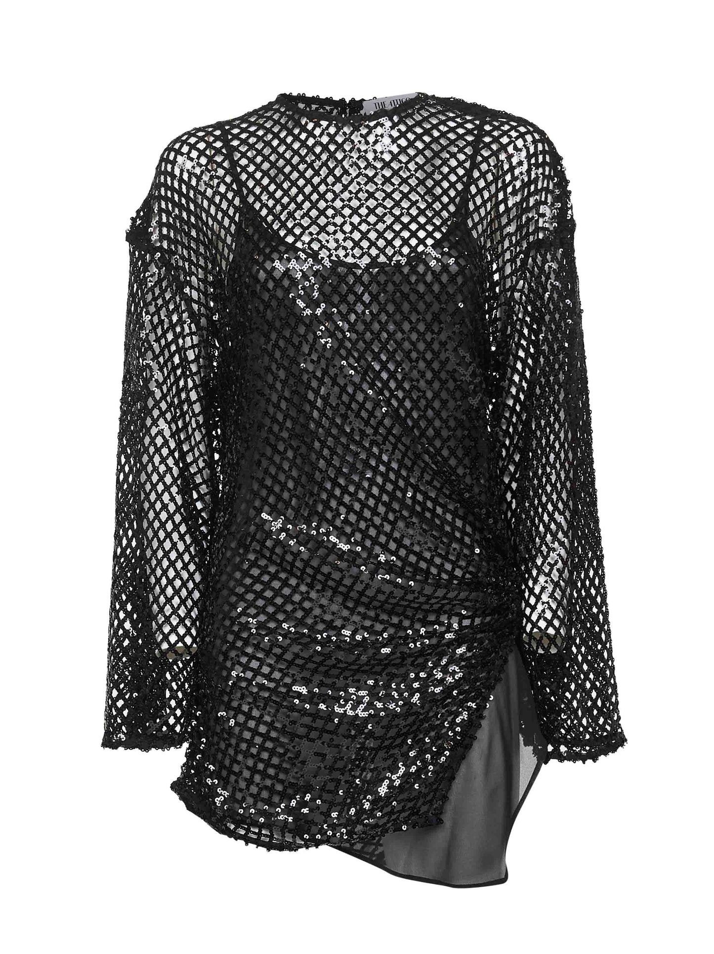 Black sequin net knit mini dress<BR/>